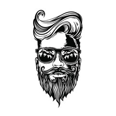 Vector Hipster man with beard, mustache and sunglasses, vector sketch face illustration isolated on white background