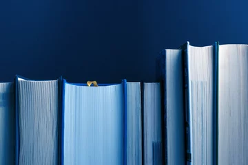 Writing and reading concept with bookshelf. Classic Blue - trend color of 2020 © zsnk