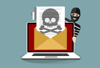 Thief hacker in mask. Laptop with virus, piracy, hacking. Flat vector illustration.