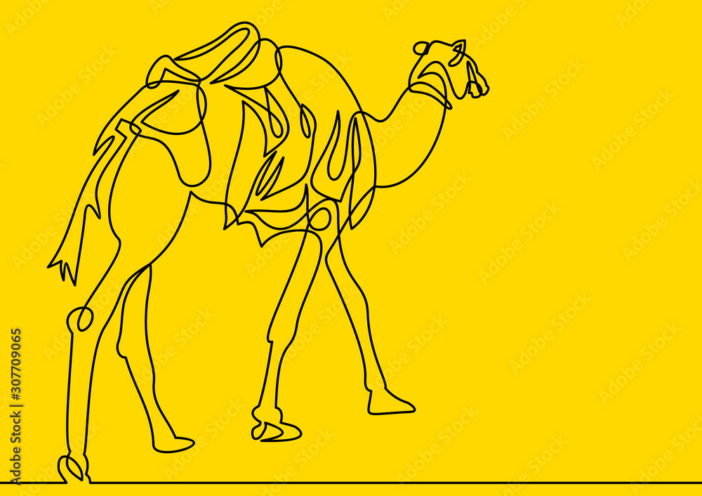 Poster continuous line. the camel is walking in the desert.