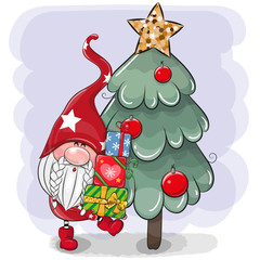 Cartoon Gnome with gifts near the Christmas tree