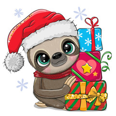Cartoon Sloth with gifts in a Santa hat © reginast777