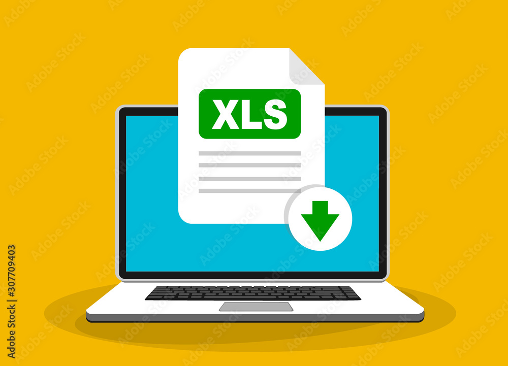 Poster download xls button on laptop screen. downloading document concept. file with xls label and down arr