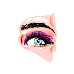 Vector sketch of makeup eye, line art colored illustration, vector eye with eyeshdows and eyebrow