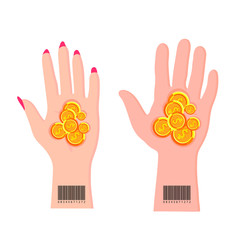 Mans and womans hands with gold coins, moneys and codes, vector flat cartoon illustration