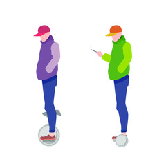 Flat cartoon set of two man riding on electric wheel, vector illustration in flat style of modern urban entertainment device, walking in the park