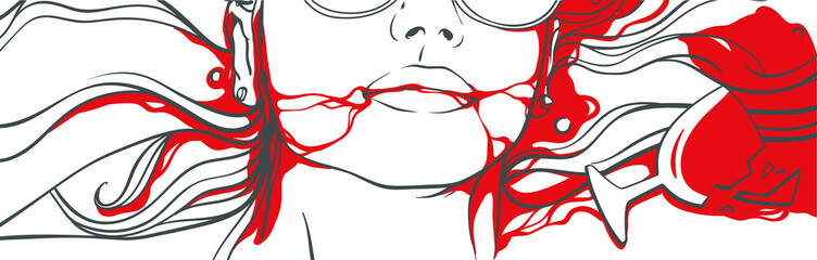 Killed woman with blood and glass of wine, vector line art doodle illustration isolated on white background