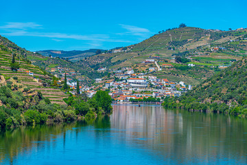 Pinhao village on shore of river Douro in Portugal