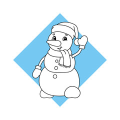 Christmas snowman in a hat and scarf waving. Black and white coloring page for children. Cute cartoon character. Flat vector isolated illustration.