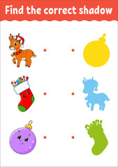Christmas deer. Find the correct shadow. Education developing worksheet. Matching game for kids. Color activity page. Puzzle for children. Cute character. Isolated vector illustration. Cartoon style.