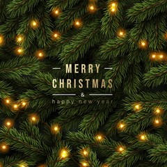 Merry Christmas greeting banner with Chrirstmas decor fir twigs and confetti, vector illustration.