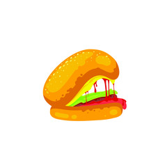 Flat cartoon burger with open mouth, vector illustration