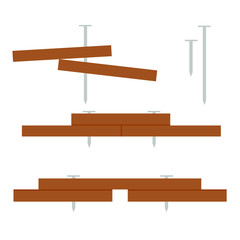 Flat cartoon nails with boards, vector illustration set