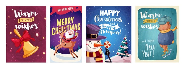 Fototapeta na wymiar Set of Merry Christmas and Happy new Year greeting cards design with Christmas characters. Vector illustration