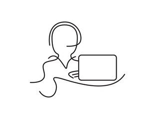 Black line art man with headset and laptop on White background