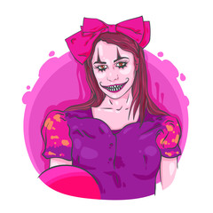 Realistic sketch of scared clown girl, woman, with bowl and balloon vector illustration isolated on white background