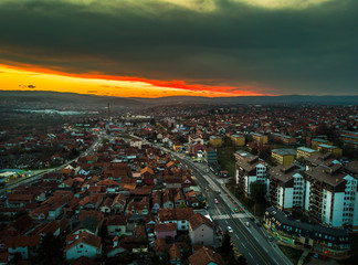 Fototapeta na wymiar Aerial view of Kragujevac, town in central Serbia at sunset