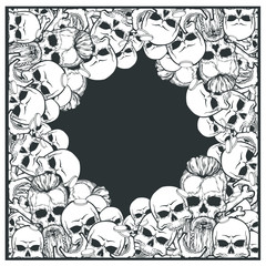 Many skull and bones, vector illustration isolated on dark background, black and white version