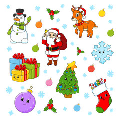 Naklejka premium Set of cartoon characters. Happy Christmas tree, Santa Claus, deer, snowman, gift boxes, sock, snowflake, ball. New Year and Merry Christmas. Hand drawn. Color vector isolated illustration.