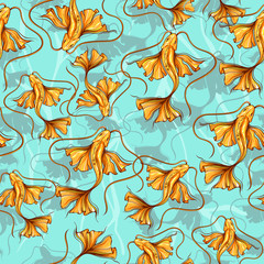 Repeat pattern with many gold koi fishes, vector illustration isolated on blue background with shadows of fish