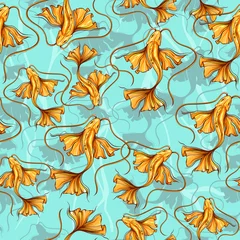 Wallpaper murals Gold fish Repeat pattern with many gold koi fishes, vector illustration isolated on blue background with shadows of fish