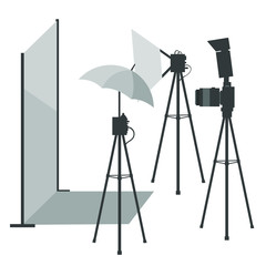 Vector flat cartoon illustration of photography studio with lights, camera and umbrella, vector illustration