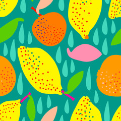 Modern seamless stylized design with citrus in pop-art style. Can be used for printing on paper, packaging, decorations, cards, textiles. 