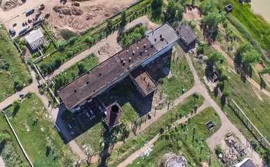 building and infrastructure of an old abandoned thermal power plant. view from above.