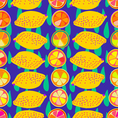 Modern seamless stylized design with citrus in pop-art style. Can be used for printing on paper, packaging, decorations, cards, textiles. 