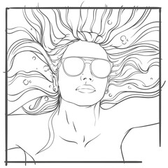 Girl with long hair and sunglasses in water, girl in the pool line art doodle style, vector illustration isolated on white background, coloring book page