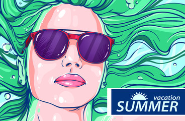 Summer vacation, girl, woman in water with sunglasses, vector realistic hand drawn illustration, beautiful fashion face of woman