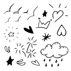 Vector hand drawn collection of design element. curly swishes, swoops, swirl, arrow, heart, love, crown, star, sun burst, firework, highlight text and emphasis element. use for concept design 