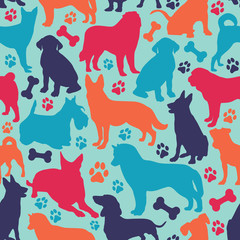 Seamless pattern with different dog breeds. Dachshund, Dalmatian, Terrier, Retriever, risen-schnauzer