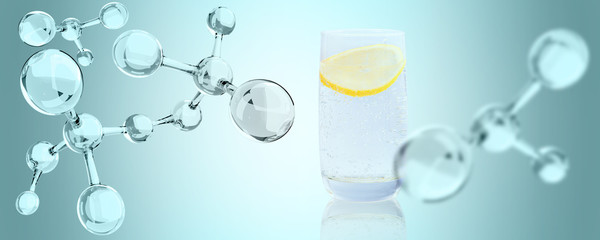 Glass of mineral water with piece of lemon and molecules chain.