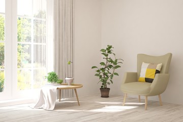 Mock up of stylish room in white color with armchair and green landscape in window. Scandinavian interior design. 3D illustration