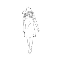 Summer holidays concept with beautiful walking woman with hat, vector illustration isolated on white background