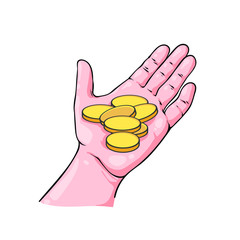 Realistic sketch hand drawn illustration of hand with gold coins, vector illustration