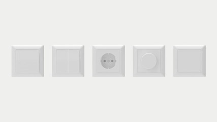 3d rendering of electricity sockets switches isolated on a white background