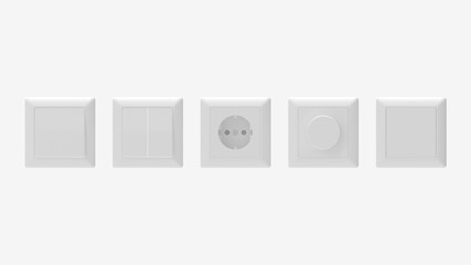 3d rendering of electricity sockets switches isolated on a white background
