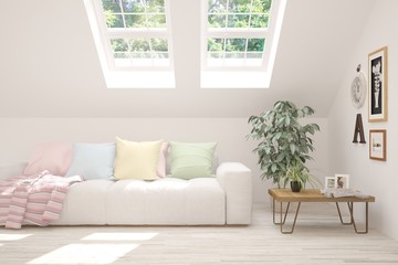 Stylish room in white color with sofa and summer landscape in window. Scandinavian interior design. 3D illustration