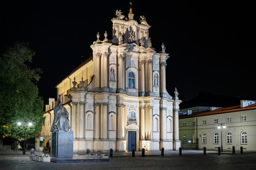Fototapeta na wymiar Night view at Visitationist Church (Kosciol Wizytek) in Warsaw, Poland