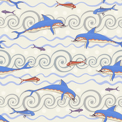 Minoan ancient culture.Ancient greece mythology.Background with minoan dolphin.Historical illustration.