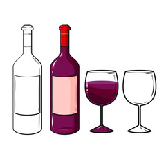 Wine glasses and bottle, vector line art sketch illustration isolated on white background