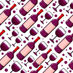 Wine pattern with many bottles and glasses, vector illustration isolated on white background