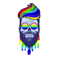 Hand drawn skull, beauty and fashion rainbow skull, vector illustration isolated on white background, skull with fashion sunglasses, mustache, hairstyle and beard