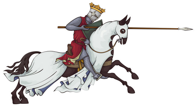 Medieval knight on horse.King.Rider in mail armor on horseback.Old style.Illustration.