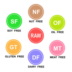 Set of seven vector symbols representing various food allergies and special diets, stock vector illustration