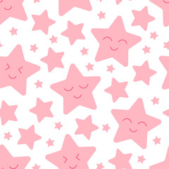 Pink kawaii stars, cute seamless pattern for babies, kids print. Vector illustration on white background.