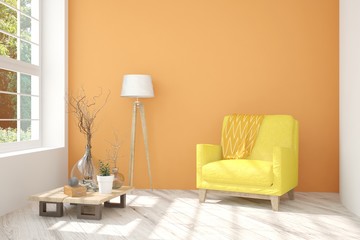 Stylish room in orange color with yellow armchair. Scandinavian interior design. 3D illustration