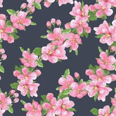 Fototapeta na wymiar Watercolor illustration, seamless pattern with spring flowers, Apple twig on a gray-blue background, cute, delicate, romantic, pink, green. For textiles, Wallpaper, decor.